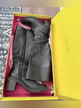Kenneth Cole Reaction Black Leather Knee-High Buckle Boots